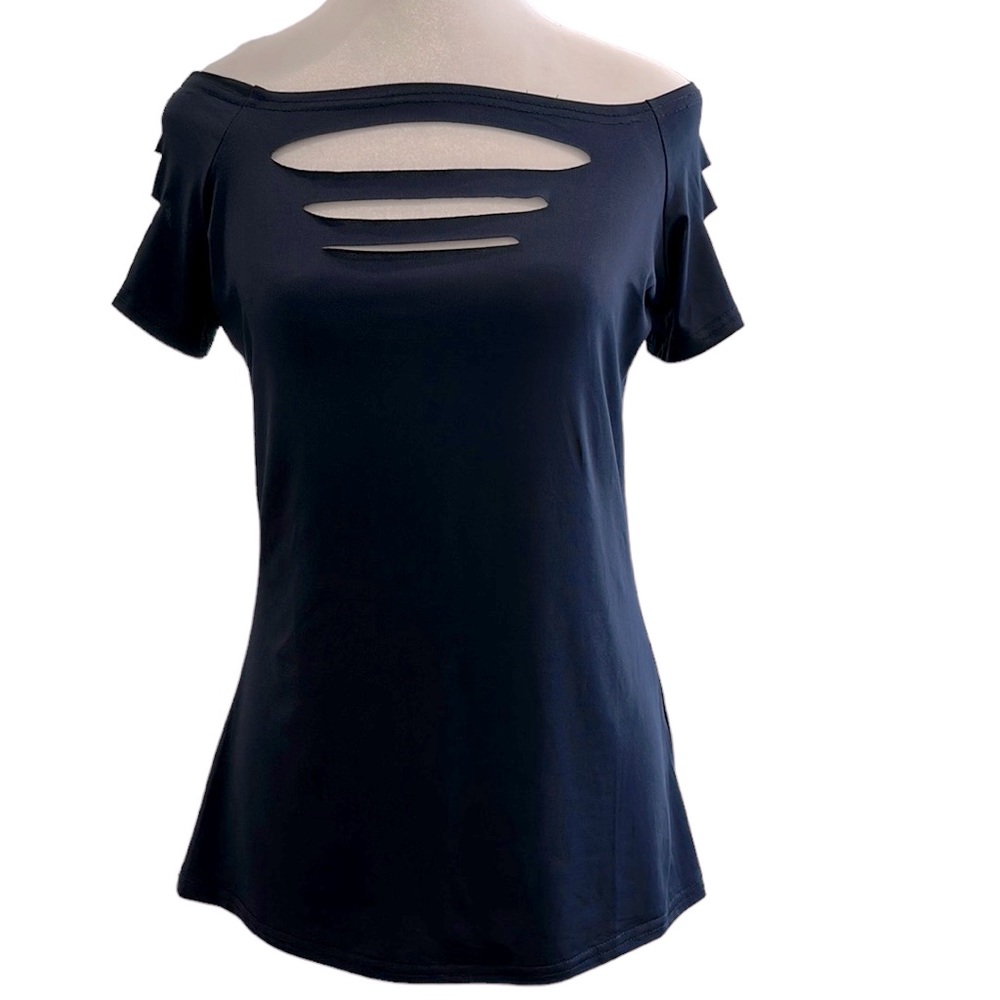 Off shoulder laser cut tee | large